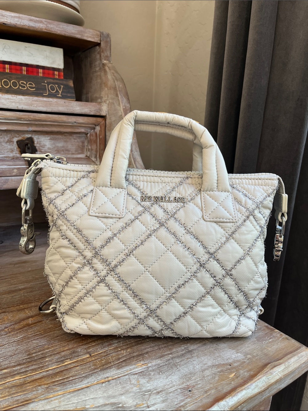 🤍 MZ Wallace Micro Sutton Frost Tinsel Bag Silver Leather Trim